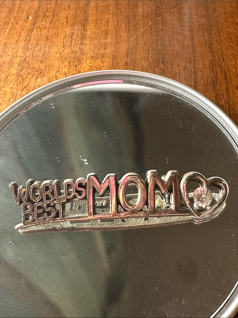 Vintage LIA “World's Best Mom” Silver-Tone Pin with Heart Rhinestone Accent